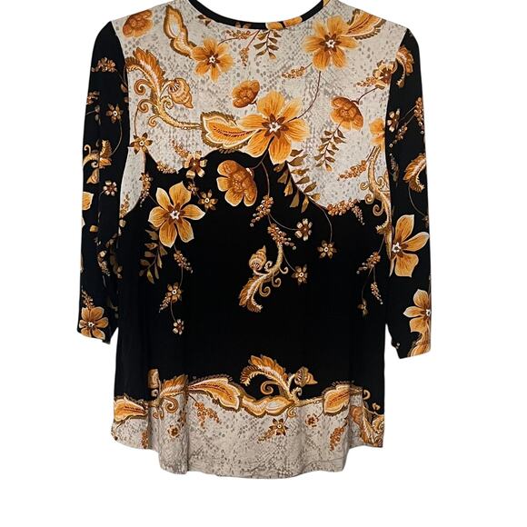 JM CCOLLECTION LONG SLV PULL-OVER RND NECK TOP, WOMENS, XL, BLACK, YELLOW FLORAL - Picture 5 of 12